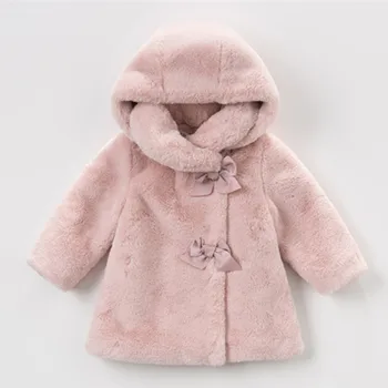 DFXD 2017 Highquality Kids Girl Fur Coat New Fashion Winter Pink Long Sleeve Bowknot Dark Buckle Princess Girls Warm Outwear