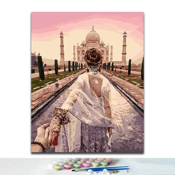 DIY kolorowanki obrazki na numery z kwiatami indyjski Tadż Mahal biały marmurowy pałac obraz obraz obraz w ramce
