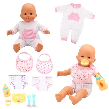 Dla dzieci akcesoria dla lalek =1 zestaw x naczynia torba na ubrania+2 x bawełniane śliniaki, zabawki +2 x drukowanie bielizna tkaniny pieluchy dla 18-calowe lalki