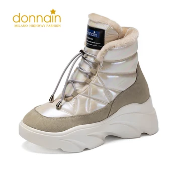 DONNAIN 2020 zimowe Modne zimowe buty na platformie do połowy łydek wodoodporny ciepły pluszowy gumowa podeszwa damskie skórzane krępy buty projektant