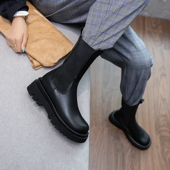 Duży rozmiar 33-43 modne skórzane buty damskie z mikrofibry grube podeszwy Chelsea Boots brytyjski styl zimowe buty na platformie