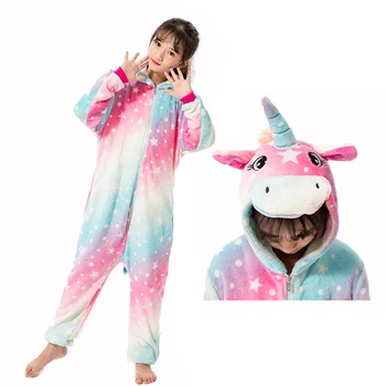 Dzieci Unicorn Star piżamy chłopcy dziewczęta Onesie piżama 4 6 8 10 12 roku dzieci flanela zwierząt zima z kapturem cosplay Onesie
