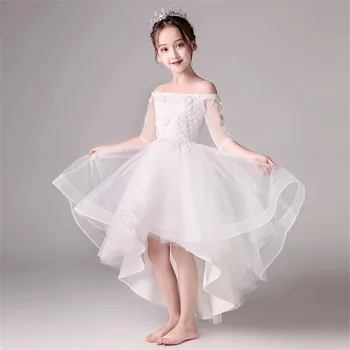Dziewczyna suknia białe rękawy krótkie przednie długie tylne sukienki dziewczyna kwiaty do ślubu B007 kwiat koronki Kid Party Sakrament sukienka