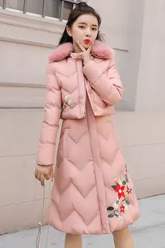 Dół kurtki sukienka dla kobiet strój 2020 Nowa zimowa moda koreański drukowany gruby ciepły kamizelka średniej długości płaszcz z kapturem kurtka zestaw y082