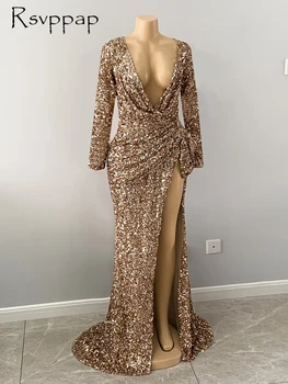 Długie, błyszczące suknie wieczorowe 2021 z długim rękawem sexy wysoki przekrój V-neck Syrena różowe złoto błyszczy Dubaj kobiety suknie wieczorowe