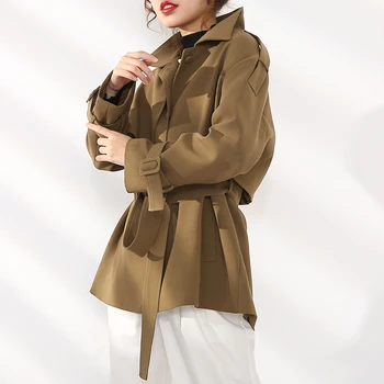 [EAM] kobiety brązowy duży rozmiar krótki rów nowy płaszcz z długim rękawem luźny krój wiatrówka moda przypływ wiosna jesień 2021 1DB30916