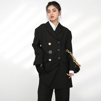 [EAM] Women Button Personality Spliced Big Size Blazer New Lapel Long Sleeve Loose Jacket Fashion wiosna jesień 2021 1DA49601