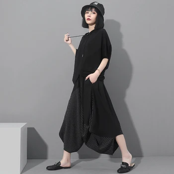 [EAM] wysoka elastyczna talia, czarny, paski Split długie spodnie nowe wolne Fit spodnie damskie moda przypływ wiosna jesień 2021 1Z313