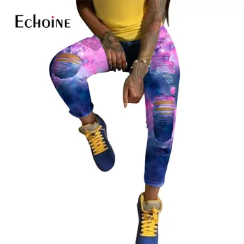 Echoine 2020 New Women Tie-Dye Print Hole Ołówek Dżinsy Sexy Odzież Uliczna Wysoka Talia Hollow Wypłukane Denim Spodnie Modne Spodnie