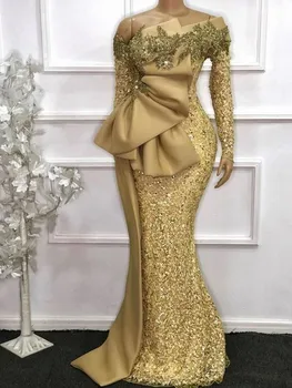 Eleganckie Afrykańskie Długie Rękawy Koronki Syrena Suknie Wieczorowe 2021 Aso Ebi Długie Rękawy Złota Suknia Suknie Wieczorowa Robe De Soiree