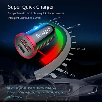 Essager Car Charger Quick Charge 4.0 3.0 USB PD Charger QC 3.0 4.0 szybkie ładowanie dla Xiaomi Huawei Zwiększ Car Phone Charger