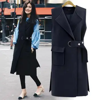 Europa jesień plus rozmiar kurtki wełniane długie sekcji kamizelka kurtka kolorem klapy kieszeni czarne płaszcze damskie S-6xl