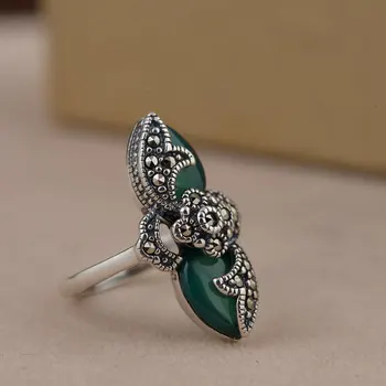 FNJ 925 srebro naturalny zielony agat pierścień oryginalny S925 czyste srebro pierścionki dla kobiet biżuteria stojak regulowany markazyt