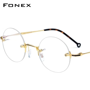 FONEX Pure Titanium Rimless Optical Glasses Frame Men New Vintage Round Prescription Eyeglasses Women Myopia Korean Eyewear 9141