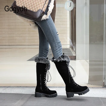 Gdgydh Lace-up Winter Shoes Women Snow Boots Real Fur Boots Women Knee High Suede Thick Heel Warm With Outdoor Zip Big Size 43