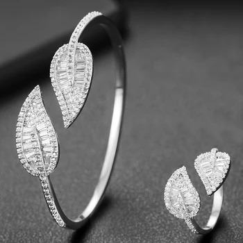 GODKI Luxury Leaf Bangle Ring Sets Cubic Zirconia CZ Dubai The Jewelry Sets For Women Wedding brincos para as mulheres 2020