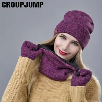 GROUPJUMP casual zimowa czapka czapka szalik i rękawiczki zestawy dla kobiet zagęścić ciepłe zimowe czapki pierścień szaliki, mitenki 3 szt.