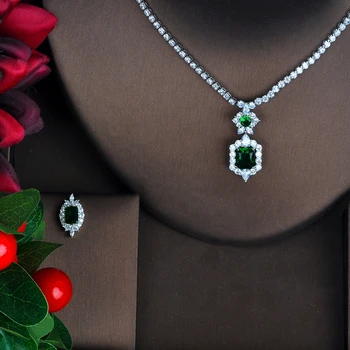 HIBRIDE ostatnio kolor zielony biżuteria zestawy luksusowe musujące sześciennych Cyrkon Ślubne kolczyki naszyjnik zestawy biżuterii ciężki kolacja N-577