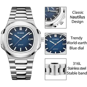 Hot PLADEN Luxury Brand zegarek męski zegarek Kwarcowy zegarek z paskiem ze stali nierdzewnej niebieski dial Breit nurkowanie męskie zegarek
