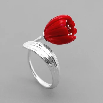 INATURE 925 srebro czerwony koral kwiat Konwalia otwarte pierścienie dla kobiet dekoracje ślubne
