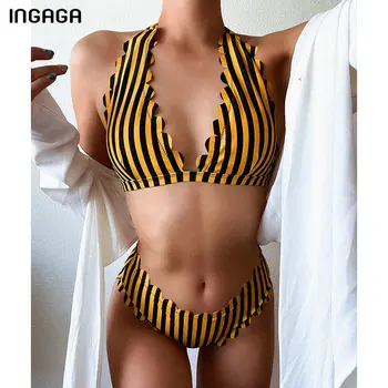 INGAGA zębate bikini strój kąpielowy sexy Halter stroje kąpielowe kobiety w paski wydruku Biquini stroje kąpielowe 2021 połowy talii stroje kąpielowe