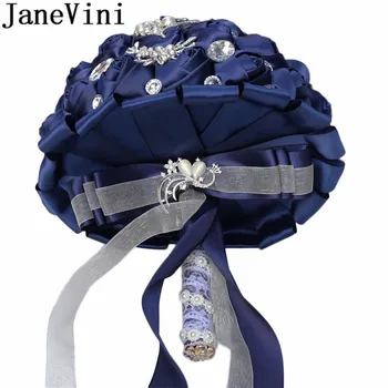 JaneVini 24 cm ciemny niebieski royal niebieski bukiet ślubny z kryształowymi ozdobami perły luksusowy diament satynowa Róża bukiet panny młodej Fleur Mariage