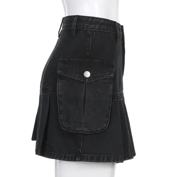 Jeansowe spódnice z wysokim stanem estetyka czarne denim plisowana spódnica z dużymi kieszeniami w stylu punk E-girl Outfits mujer faldas jupe New