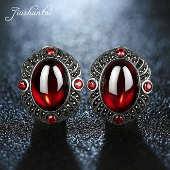 JIASHUNTAI 925 srebro próby zestaw czerwonych kamieni okrągłe kolczyki pręta dla kobiet moda biżuteria