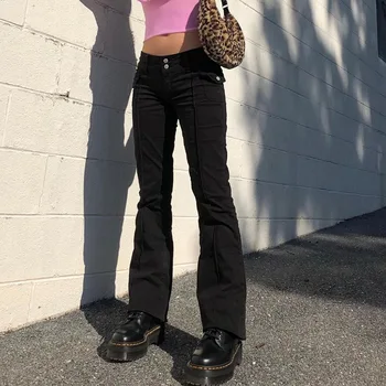 KANCOOL indie estetyka slim z niskiej talii Flare spodnie E-girl Vintage kieszenie stałe Y2K spodnie 90-tych modne czarne spodnie