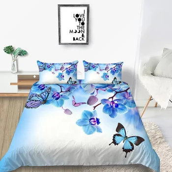 King Size pościel zestaw Blue Butterfly piękny elegancki 3D kołdrę kwiaty Queen Twin pełna pokój jednoosobowy, pokój dwuosobowy, pokój dwuosobowy High End Bed Set