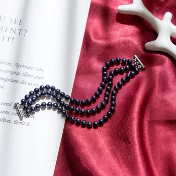 Klasyczny czarny 40 cm 3-warstwowa kobieta perłowy naszyjnik naszyjnik z 6-7 mm okrągły naturalne słodkowodne perły dla kobiet prezent ślubny 2019