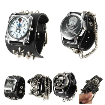 Kobiety mężczyźni punk styl zegarek Kwarcowy ze szkieletem wzór dial szeroki pasek nity fajne zegarki TT@88
