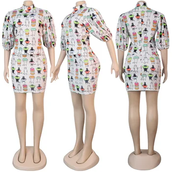Kobiety z dwóch części zestaw top i spódnica kreskówka drukowanych puff rękawem bluzki i wysoka talia Bodycon mini spódniczka