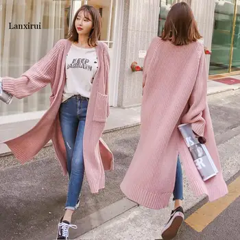 Koreański Długi Sweter Sweter Moda Kobieta Zbyt Duży Sweter Jesień Zima Drutach Wolnego Płaszcz Odzież Uliczna