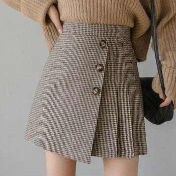 Koreański Preppy Stylu Plaid Wysokiej Talii Plisowana Spódnica Mini Kobiety 2020 Nowa Jesień Zima Wełniane Spódnice Damskie Casual Spódnica