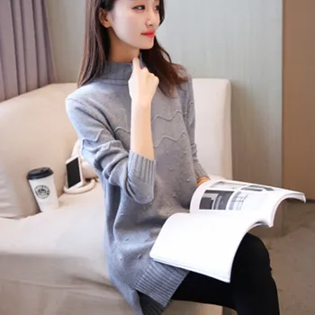 Koreański sweter z dzianiny sweter kobiety 2020 Nowa jesień zima średniej długości połowa wysokiego kołnierza luźna koszula grube stałe swetry Damskie