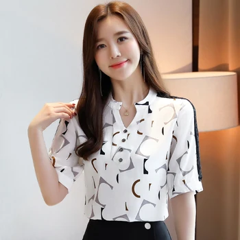 Koreański Szyfon Kobiety Bluzki Kobieta Wydruku Bluzka Koszula Biuro Lady V Szyi Bluzka Top Plus Rozmiar Blusas Femininas Elegante