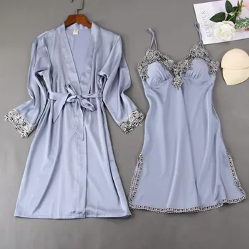 Koszulka nocna Robe Set Womens 2PCS Nightshirts Sleep Suit V-neck jedwabne piżamy bielizna nocna odzież domowa strona koszula nocna koszulka sukienka