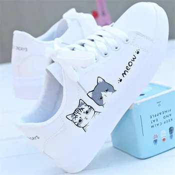 Kreskówka ładny kot płaskie buty 2019 nowy przyjazd moda na białe buty damskie Zapatos De Mujer antypoślizgowe buty do biegania Damskie buty do tenisa