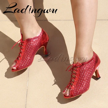 Ladingwu Brand Latin Dance Shoes Modern Women Ballroom Tango Girls Ladies Snake wzór PU and Glitter Sneaker Dance Shoes 5-9cm