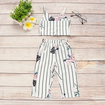 Letni maluch Baby Kids Girls 12M-5T paski Kwiat odzież kamizelka bez rękawów, topy+ długie spodnie zestaw ubrań