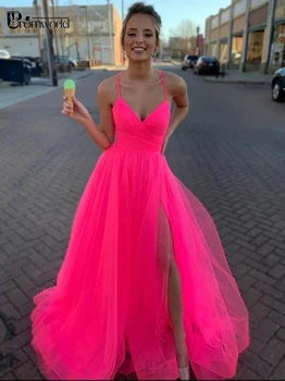 Linia V Szyi Jasno-Różowy Tiul Sukienki Na Studniówkę Długie Spaghetti Suknia Wieczorowa Sexy Krój Sukienka 2020