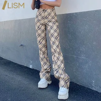 LISM Women Przeplotem Plaid Printed Trouser Casual Joggers Pants Vintage Odzież Streetwear temat spodnie Damskie dolne spodnie Damskie