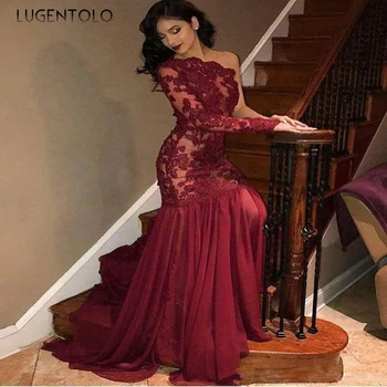 Lugentolo Party Dress Women Lace One Shoulder Long Sleeve Swing Type Empire Red Slim Womens Fashion Dress Maix