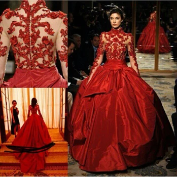 Luksusowy, czerwona suknia z wysokim dekoltem i długim rękawem koronki suknie balowe sheer prom vestido de festa party gown mother of the bride dresses