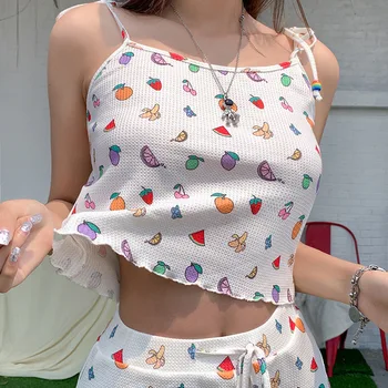 LVINMW Casual Fruits Print Cute Harajuku Drawstrings Two Pieces Set Sleeveless Backless Crop Top High Waist Ruched Szorty Street