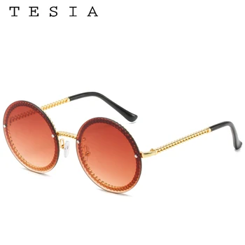 Markowe okrągłe okulary bez oprawki damskie luksusowe damskie odcienie Sexy Circle Sun glasses With Chain Oculos De Sol Feminino Elegant