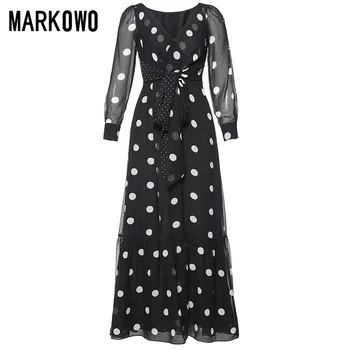 MARKOWO Designer 2020 New V szyi sukienka z długim rękawem w kropki temperament Коммутирующая spódnica szyfon Lady obniżenie wieku kobieca sukienka