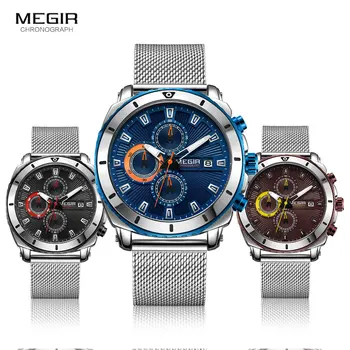 Megir Zegarki Men 2020 Luxury Mesh Strap Business Quartz Watch for Man Top Brand Wodoodporny Army Sport zegarek Blue Face