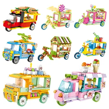 Mini City Street Toy Shop Building Block Ice Cream Burger Car DIY Bricks Children Educational Toys City Street View Kids Gift